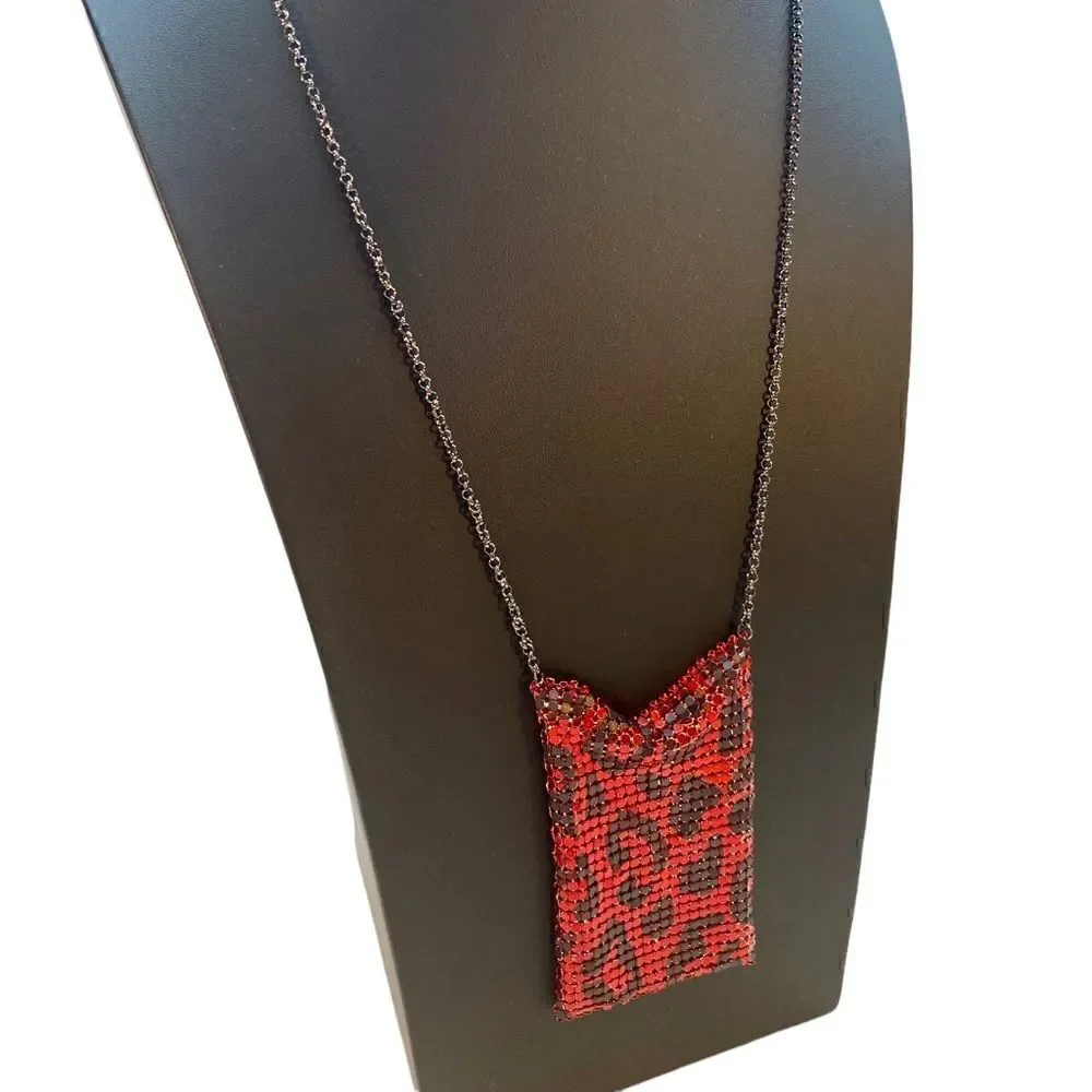 Betsey Johnson Red & Black Leopard Chainmaille Neck Purse.